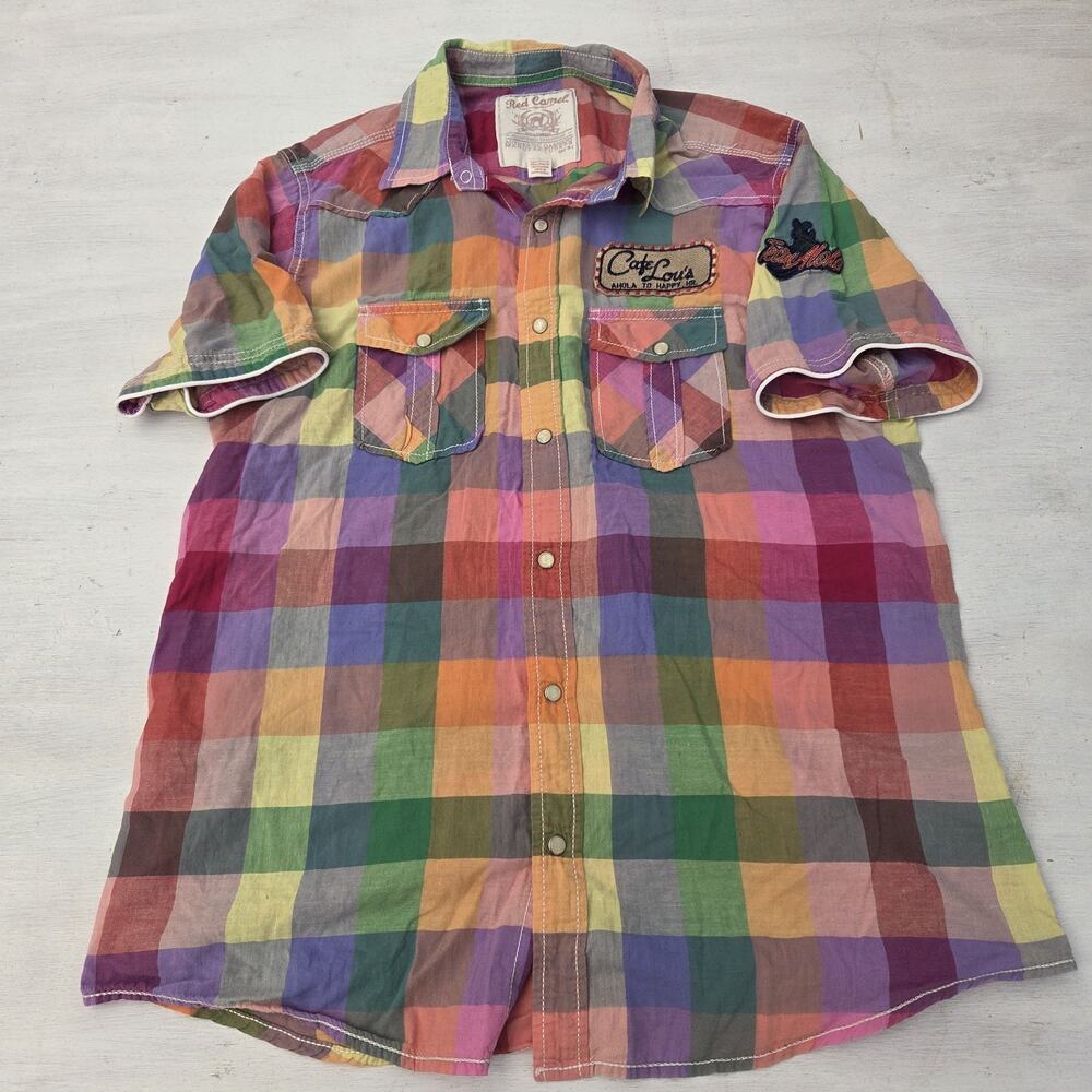 Red Camel Button Up Shirt Women's Size Large Pearl Snap Plaid Western Patches